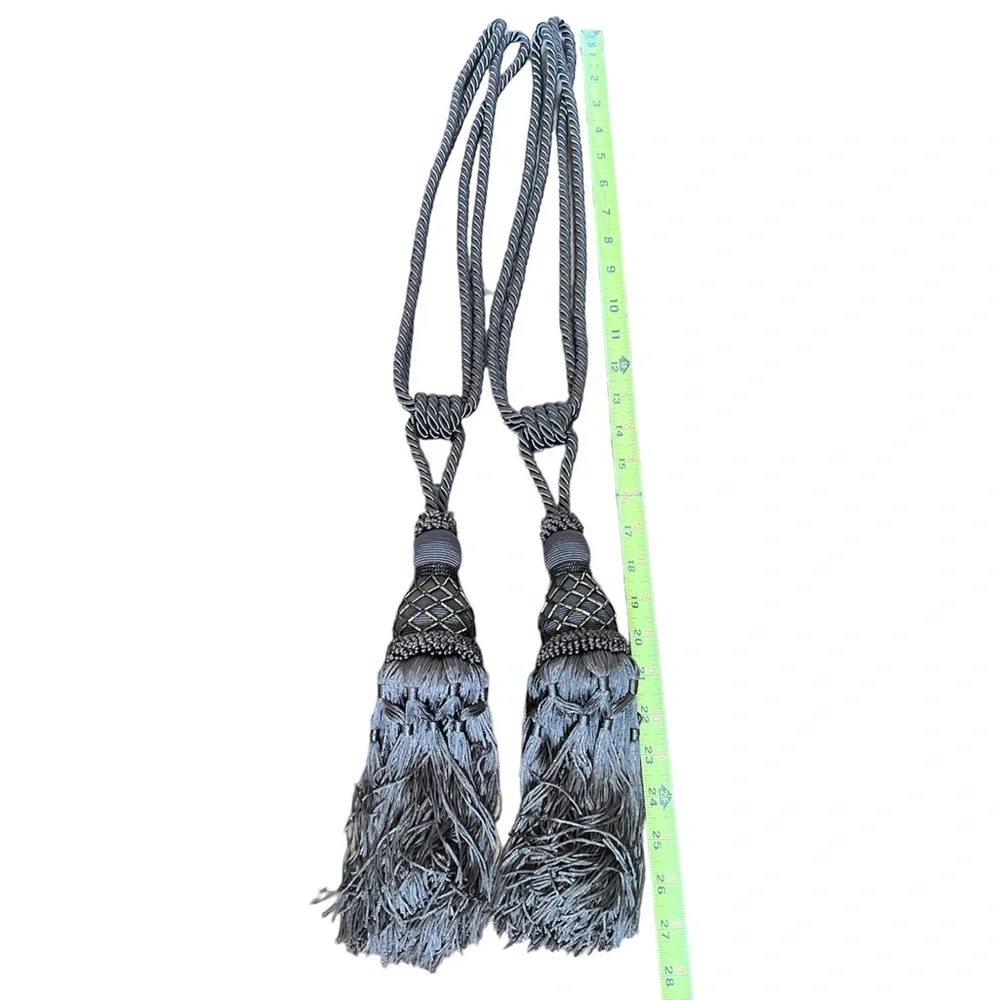 Set of 2 brown curtain tie tassels with copper beads detail approx 24” like new